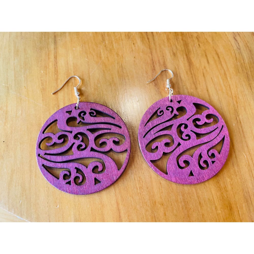 Wooden koru design earrings – brand new – lightweight māori-inspired jewellery - maroon - earrings earrings fashion