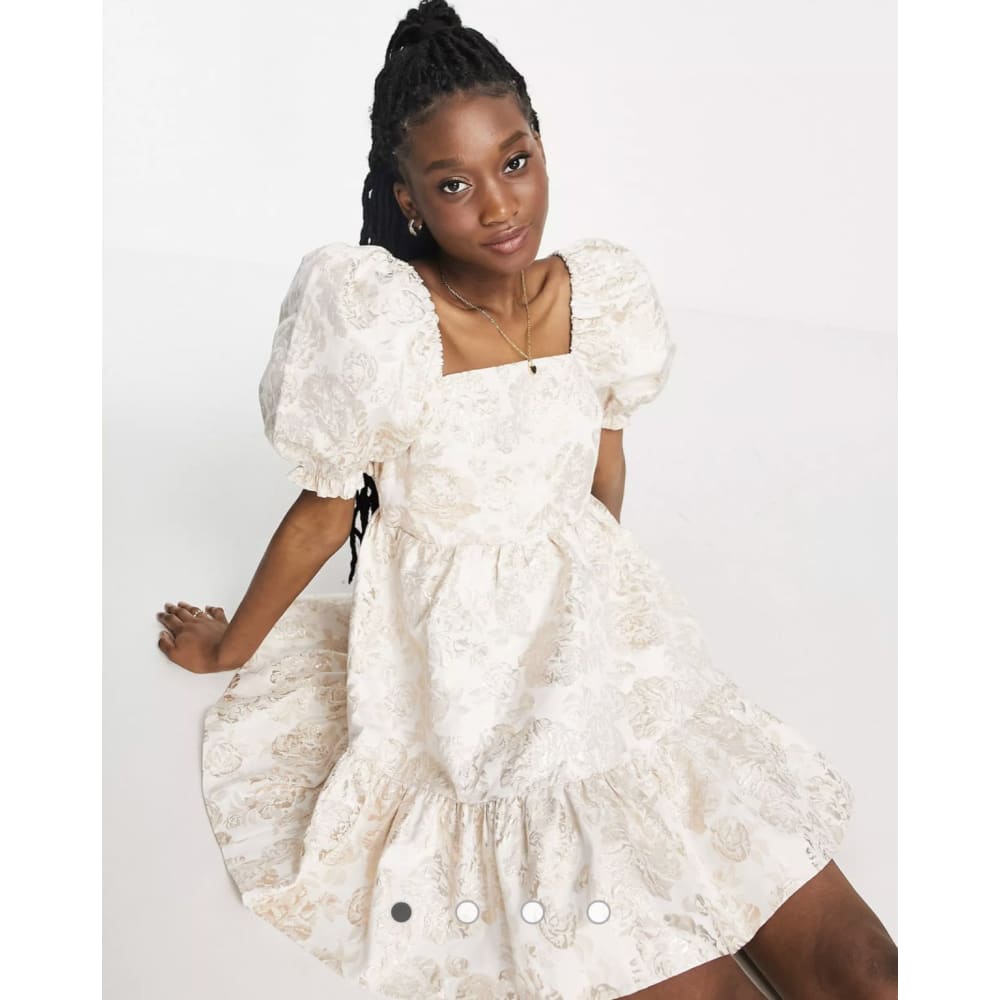 Miss selfridge size 6 jacquard puff sleeve smock dress in gold - dresses clothing & fashion - dresses - short sleeve