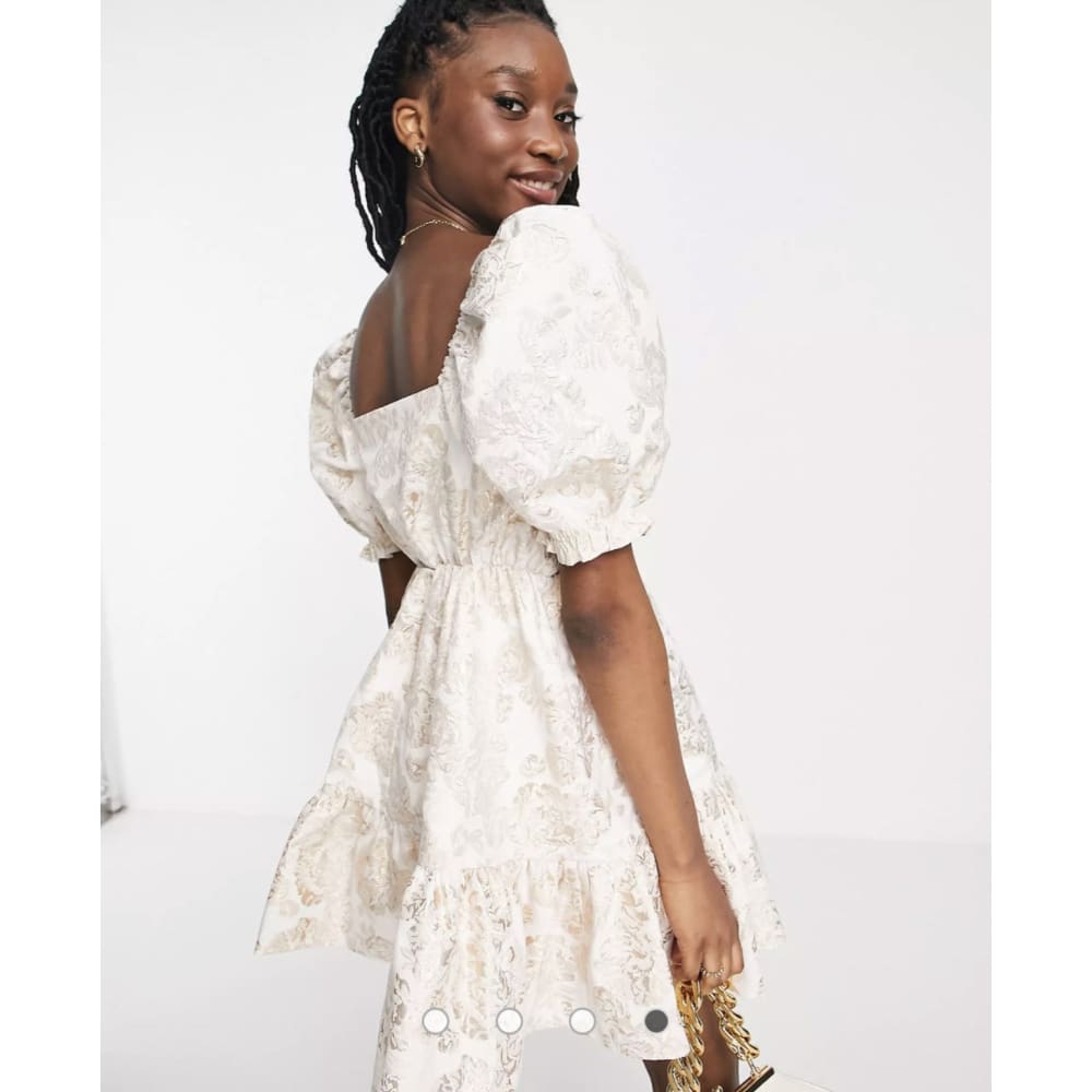 Miss selfridge size 6 jacquard puff sleeve smock dress in gold - dresses clothing & fashion - dresses - short sleeve