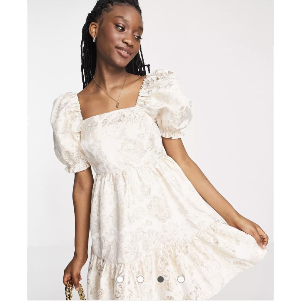 Miss selfridge size 6 jacquard puff sleeve smock dress in gold - dresses clothing & fashion - dresses - short sleeve