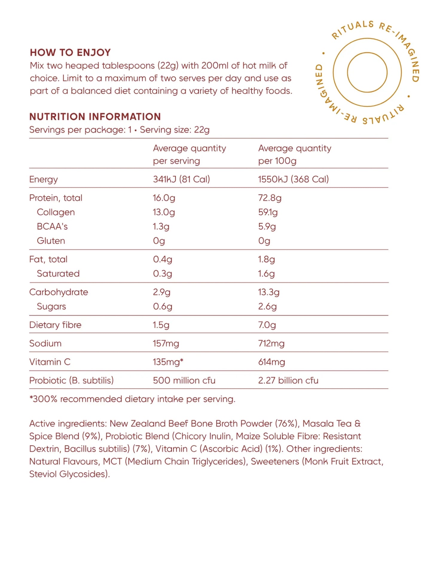 Mother’s beauty broth vanilla chai haven – single serve - powdered beverage mixes health and wellness