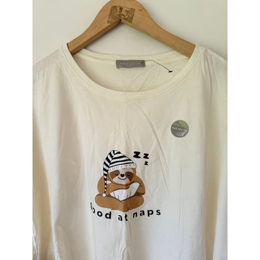 New look size l women’s pajama set cream & mauve with sloth graphic - pajamas bottom women’s apparel