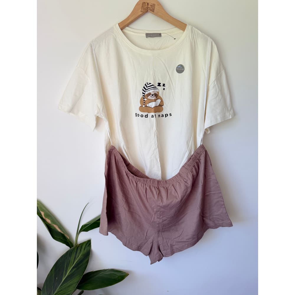 New look size l womenâs pajama set cream & mauve with sloth graphic - pajamas bottom womenâs apparel