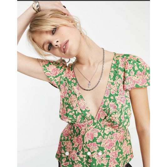 Topshop size 18 vintage style floral jacquard cap sleeve tea top - blouses clothing & fashion - top women’s apparel