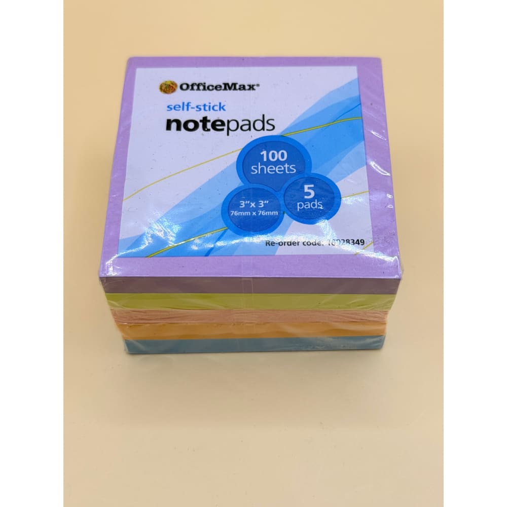 Officemax self-stick notes 76x76mm assorted bright colours 100 sheets pack of 5 - notepads stationery