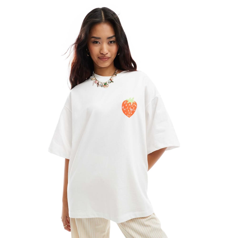 Asos design size l oversized t-shirt with strawberry flower back print in white - t-shirts top women’s apparel