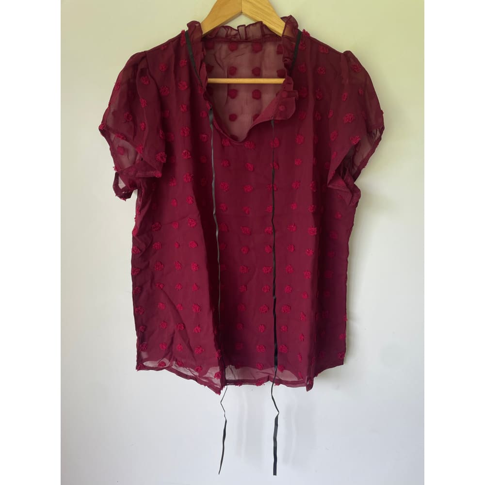 Shein size l elegant sheer red polka dot blouse - clothing tops blouse - clothing & fashion - short sleeve women’s