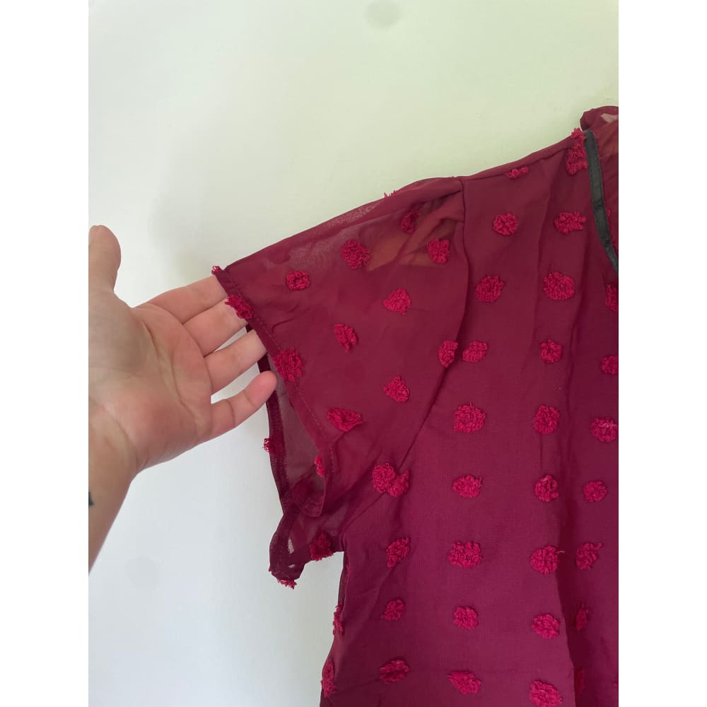 Shein size l elegant sheer red polka dot blouse - clothing tops blouse - clothing & fashion - short sleeve women’s