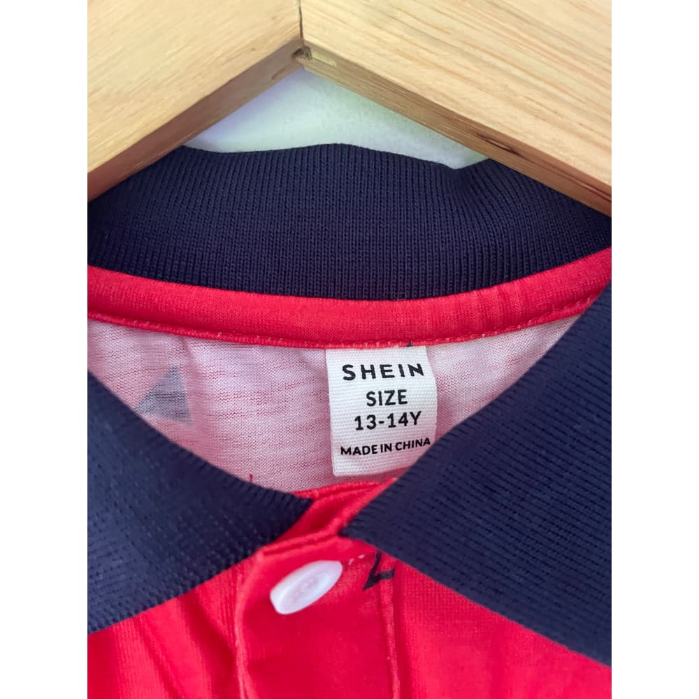 Shein size 13-14y red polo shirt with triangular print and contrast collar - clothing tops baby clothing - clothing &