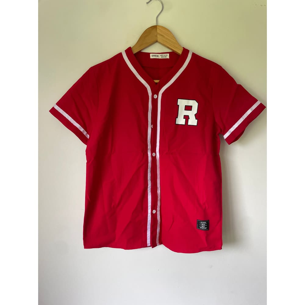 Shein 11-12y classic red varsity button-up look top with ’r’ patch - clothing tops baby clothing - clothing & fashion