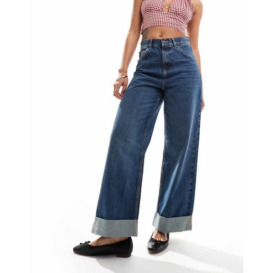 Asos design size w34 l32 loose jeans with deep turn up cuff in mid blue - jeans bottom women’s apparel