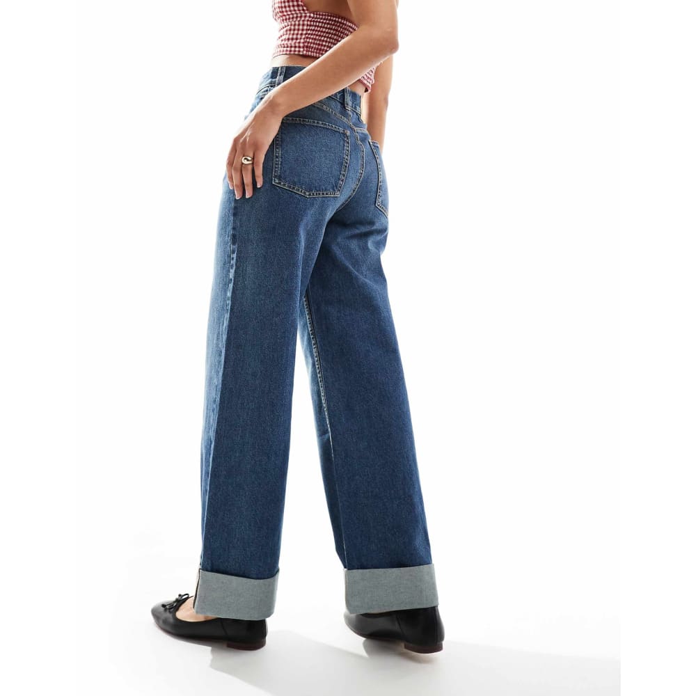 Asos design size w34 l32 loose jeans with deep turn up cuff in mid blue - jeans bottom womenâs apparel