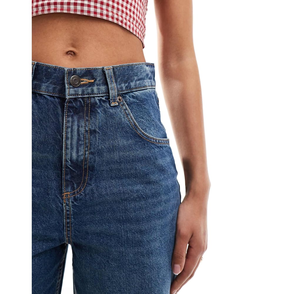 Asos design size w34 l32 loose jeans with deep turn up cuff in mid blue - jeans bottom womenâs apparel