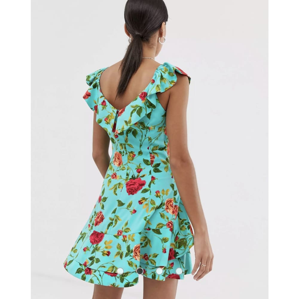 Bnwt size m signature 8 rose print ruffle mini dress - dresses clothing & fashion - dresses women’s apparel