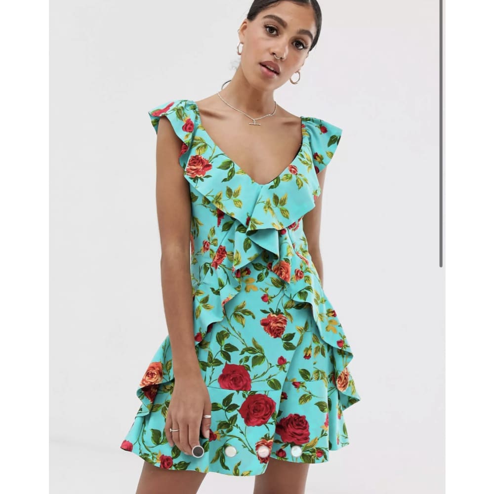 Bnwt size m signature 8 rose print ruffle mini dress - dresses clothing & fashion - dresses women’s apparel