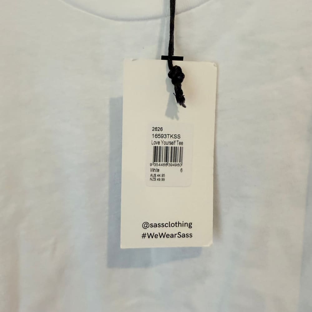 Sass size 6 white cotton love yourself tee - t-shirts top women’s apparel