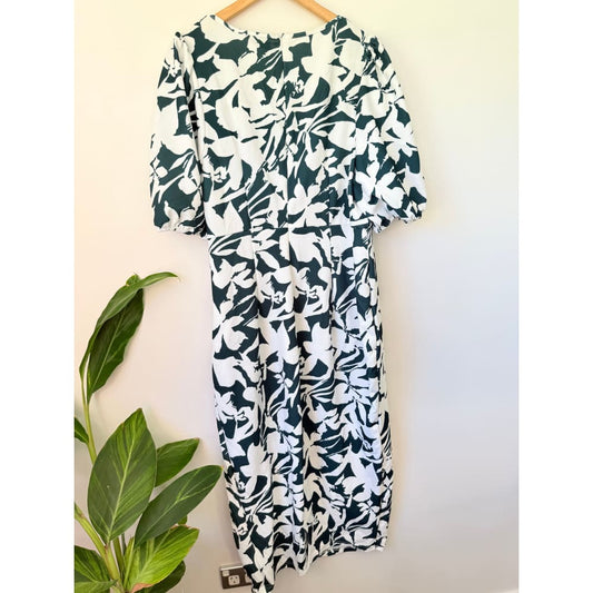 Shein curve size 4xl white & dark green floral puff sleeve dress - dresses top women’s apparel