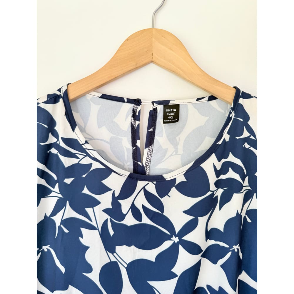 Shein curve size 4xl navy & white leaf print tiered dress - dresses top women’s apparel