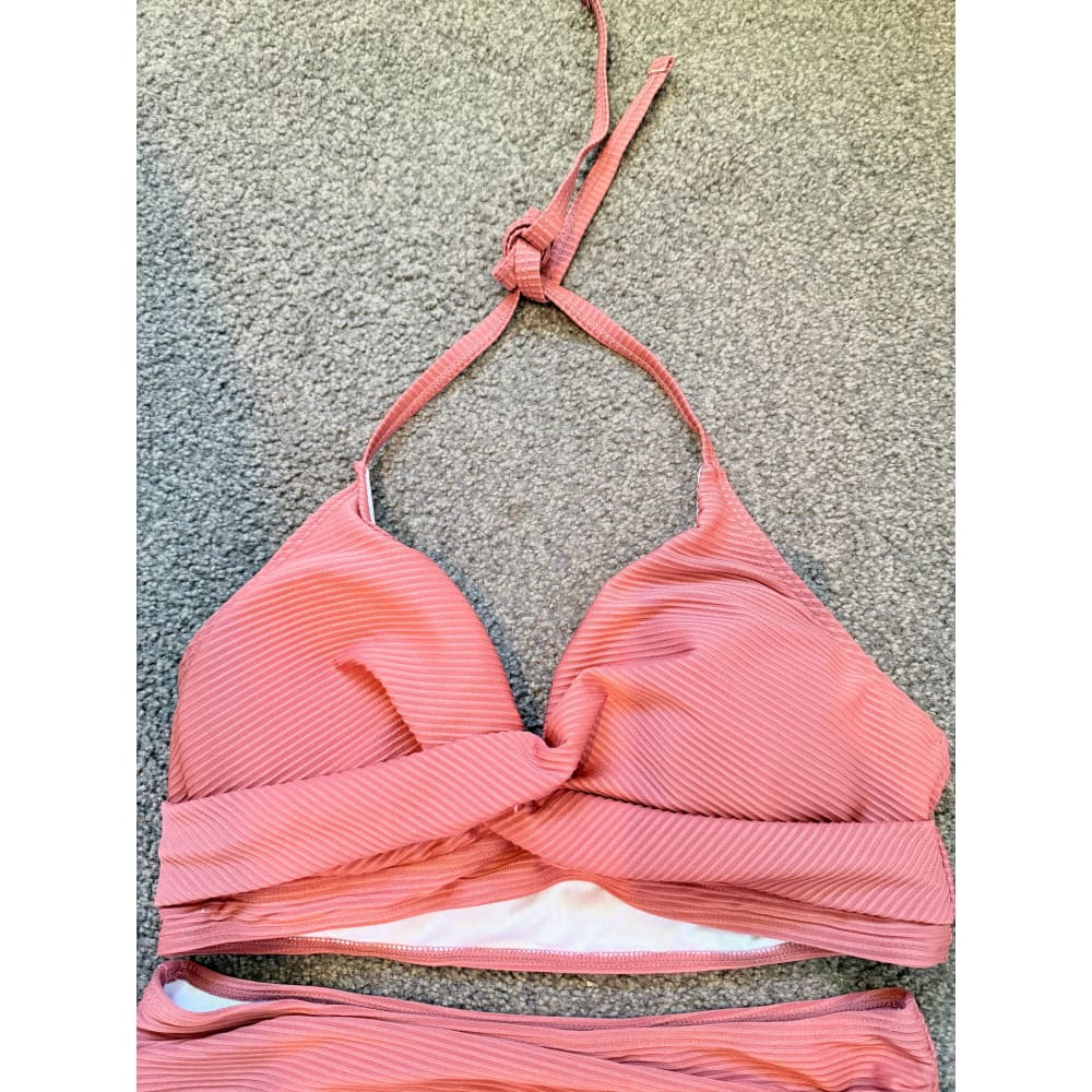 Shein size xl ribbed high-waist bikini set – rose pink & ready for the sun - classic bikinis bottom women’s apparel