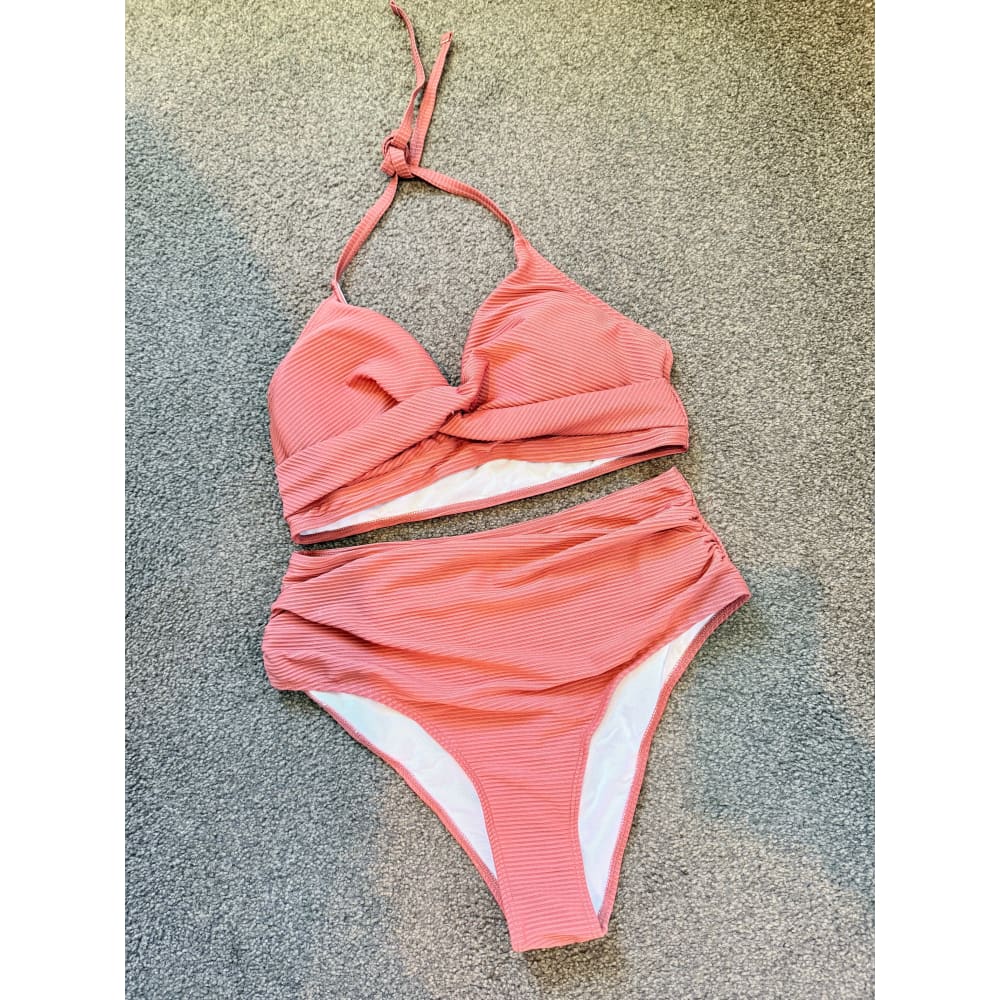 Shein size xl ribbed high-waist bikini set – rose pink & ready for the sun - classic bikinis bottom women’s apparel