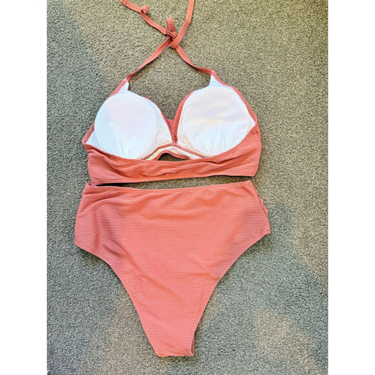 Shein size xl ribbed high-waist bikini set – rose pink & ready for the sun - classic bikinis bottom women’s apparel