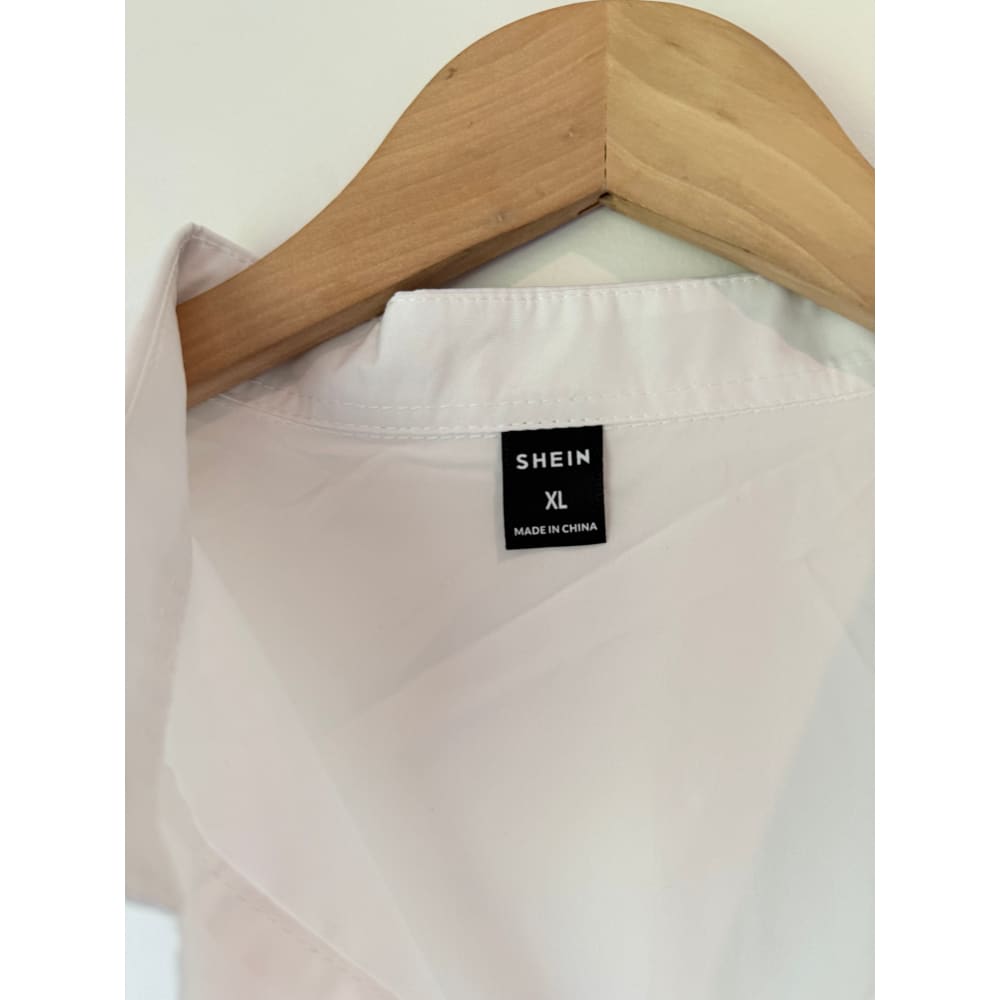 Shein size xl white short sleeve button-up shirt – crisp clean & ready for anything - pinback buttons top women’s
