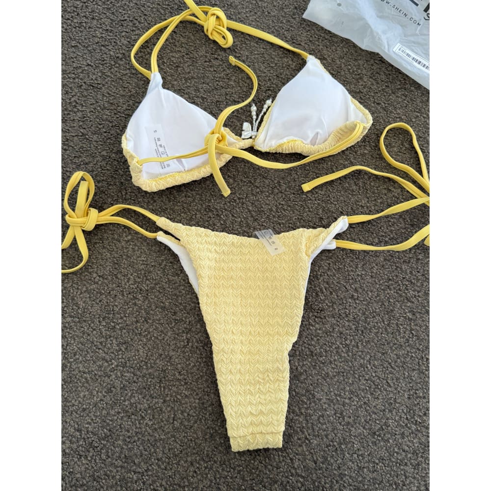 Shein swim size s yellow textured tie bikini set – brighten up your beach days - classic bikinis special categories