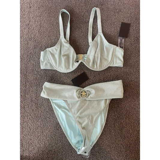 South beach curve bikini in sage green glitter (size 22 top & size 20 bottom) - swimwear bikini - clothing & fashion