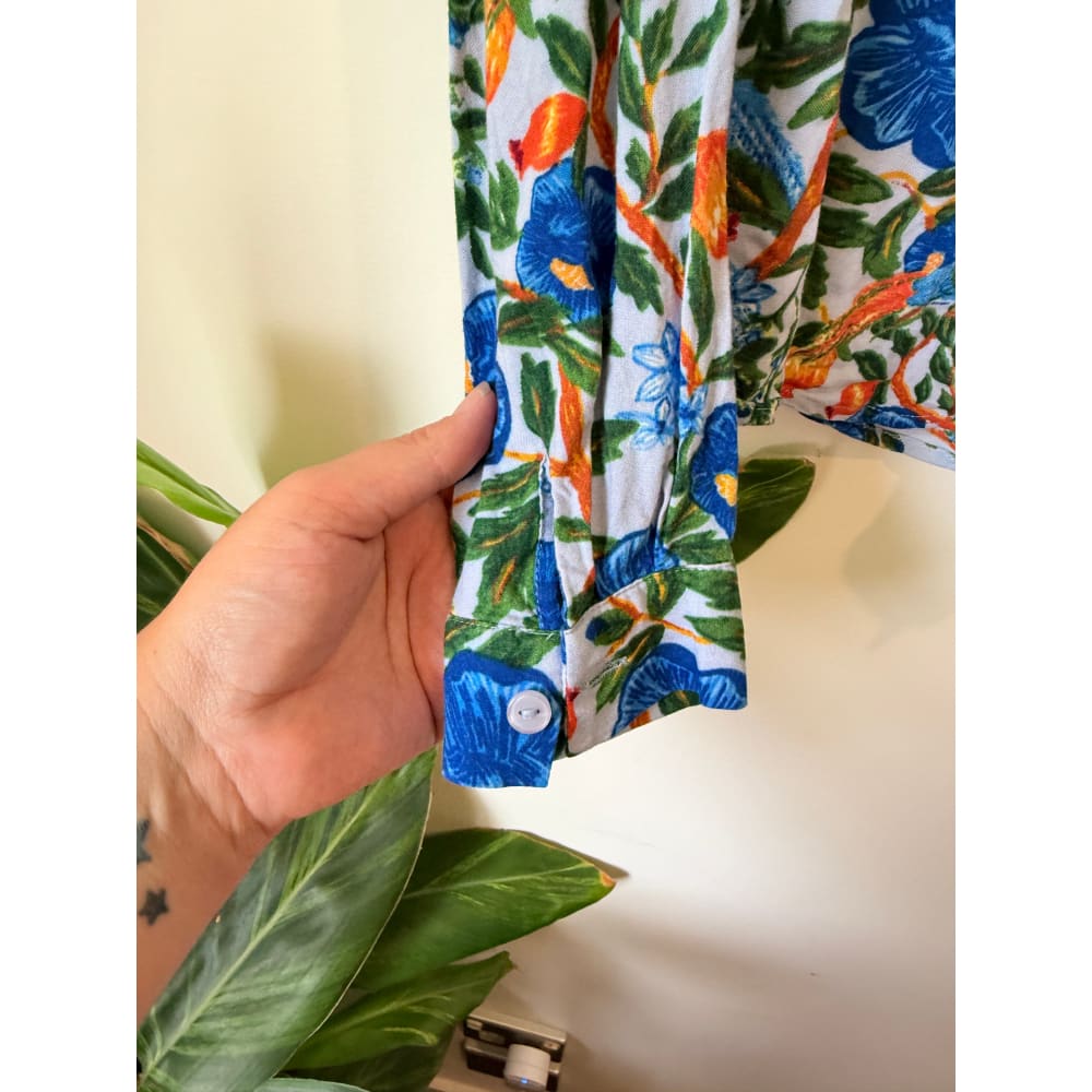 Monkl size xs floral print button-up long sleeve shirt - pinback buttons condition: used - top women’s apparel