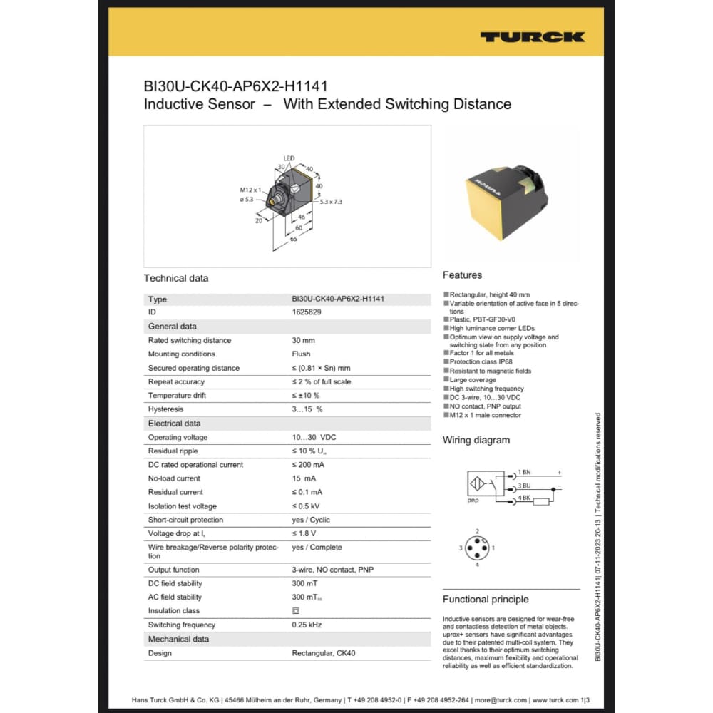 Turck inductive block-style proximity sensor 30 mm detection - measuring tools & sensors home & living - tools
