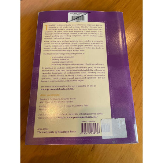 Thinking critically - world issues for reading writing and research - print books book - condition: used - education