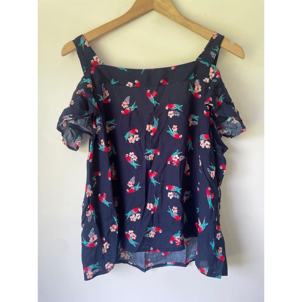 Timeless by vanessa tong size 12 cold shoulder parrot print top – tropical vibes & lightweight style - blouses