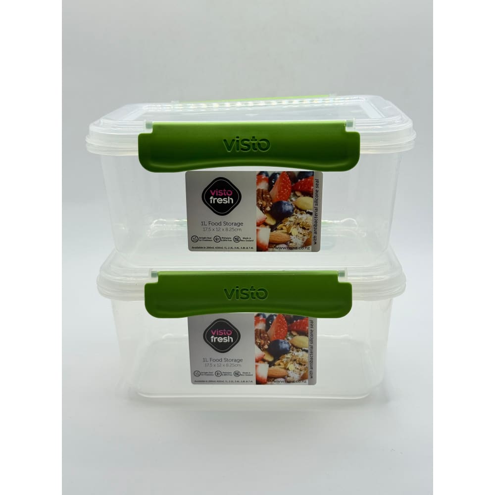2 pack visto fresh food storage 1l clear with green clips - food storage containers home&living materials