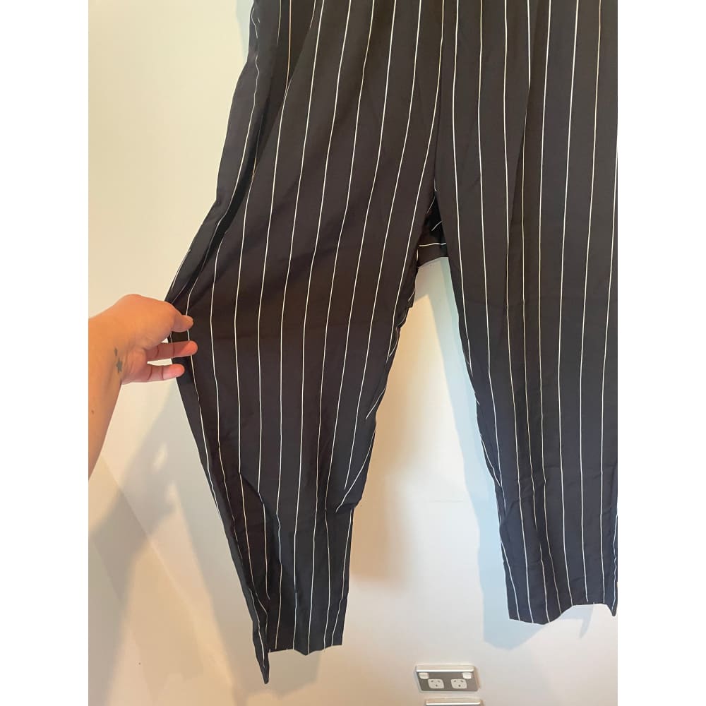 Shein curve 1xl black pinstripe high-waisted trousers with paperbag waist - pants clothing & fashion - pants - top