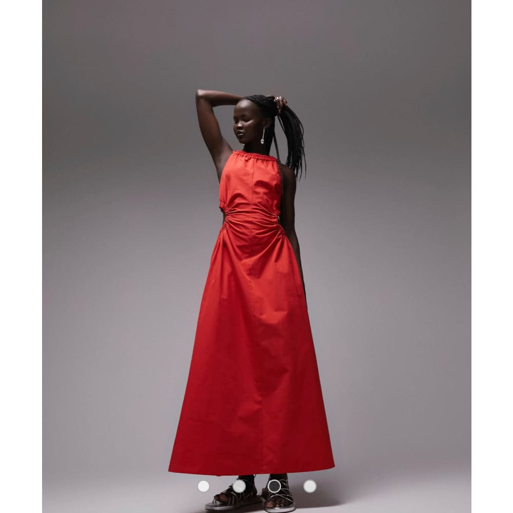 Topshop size 8 cut out poplin midi dress in red - dresses clothing & fashion - dresses - top women’s apparel