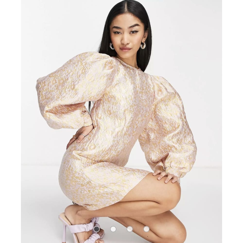 Pieces xs volume sleeve jacquard mini dress in pink - dresses clothing & fashion - condition: used - dresses - long