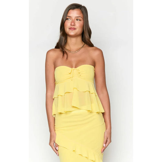Beginning boutique size 8 raleigh yellow ruffle strapless top - dresses top women’s apparel