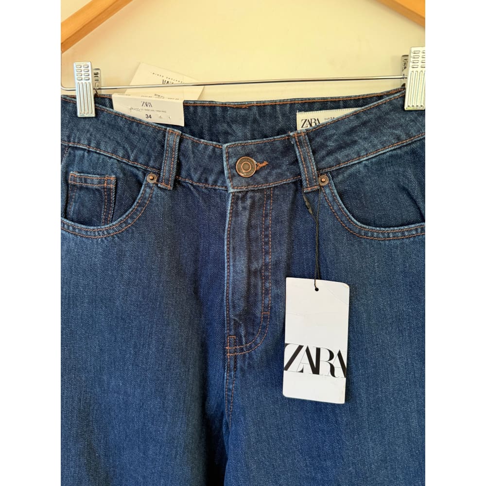 Zara high rise wide leg jeans – size 34 | dark blue denim cropped fit - jeans bottoms men’s apparel