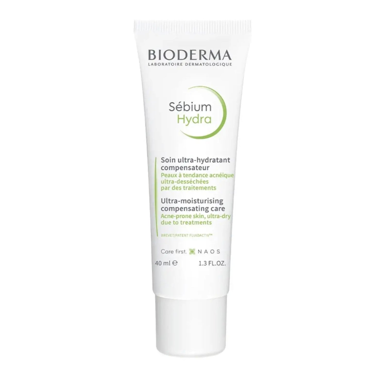 A white tube of Bioderma Sébium Hydra ultra-moisturizing compensating care for acne-prone, ultra-dry skin.