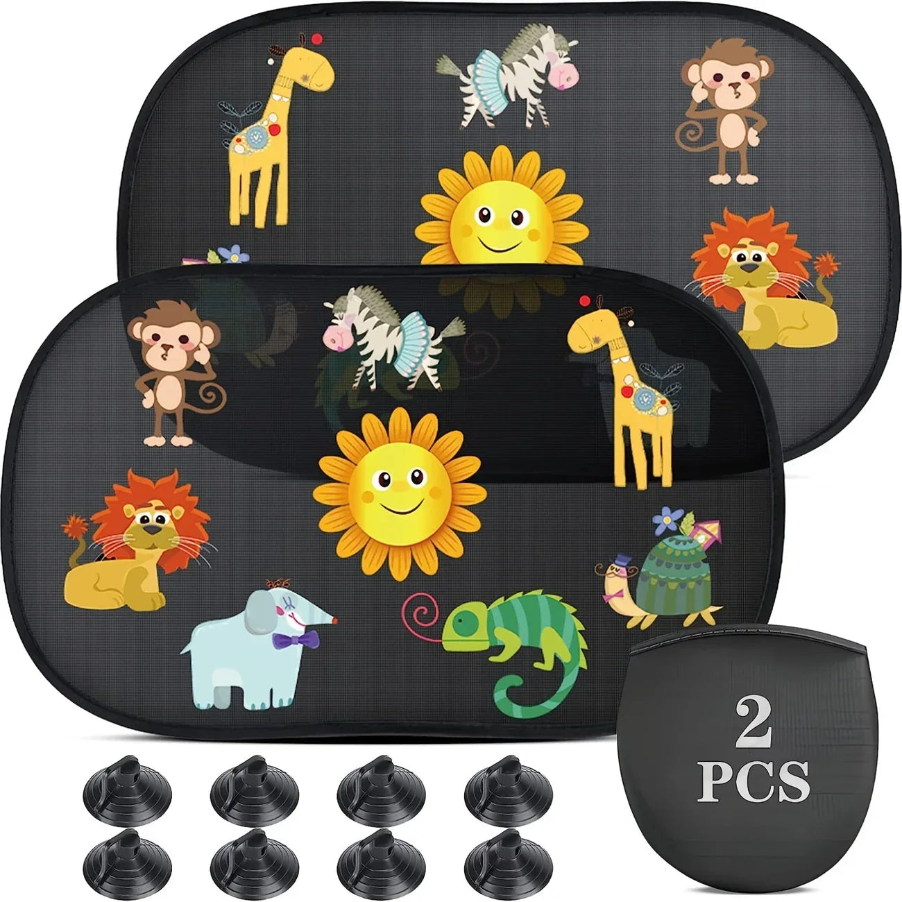 Two black car window sun shades with colorful animal and sun designs.