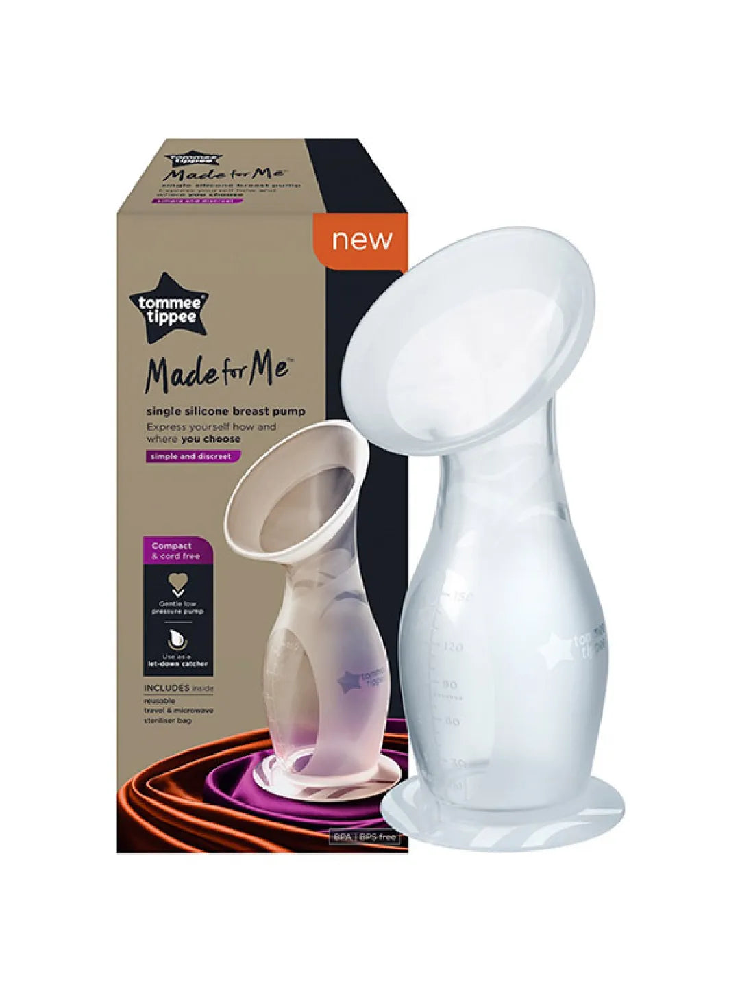 A Tommee Tippee Made for Me single silicone breast pump with a suction base and a soft, clear silicone design.