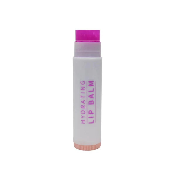 A white tube of hydrating lip balm with a vibrant pink balm stick.