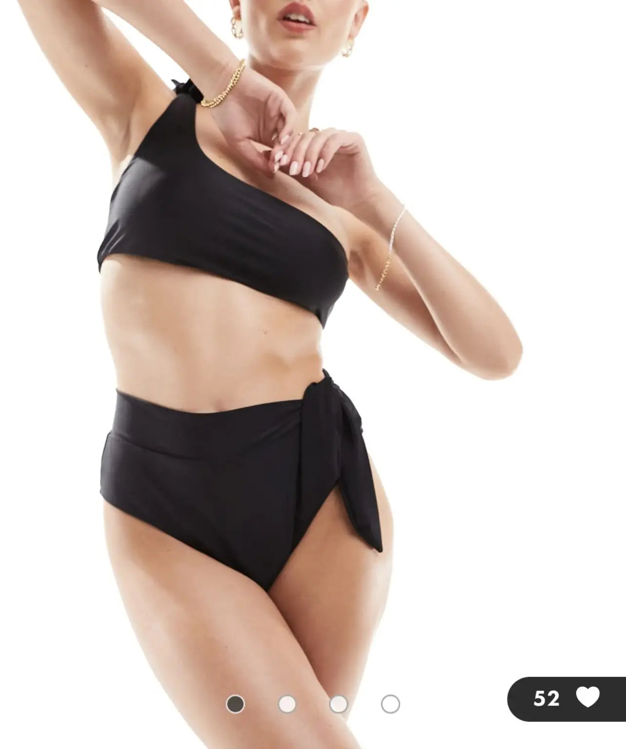 Black one-shoulder bikini with high-waisted bottoms and a side tie.