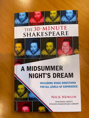 A book titled ’The 30-Minute Shakespeare: A Midsummer Night’s Dream’ featuring pop-art style portraits of Shakespeare on the cover.