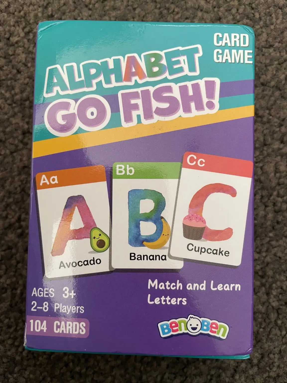 A children’s educational card game for 2-8 players, designed to help ages 3+ match and learn letters.