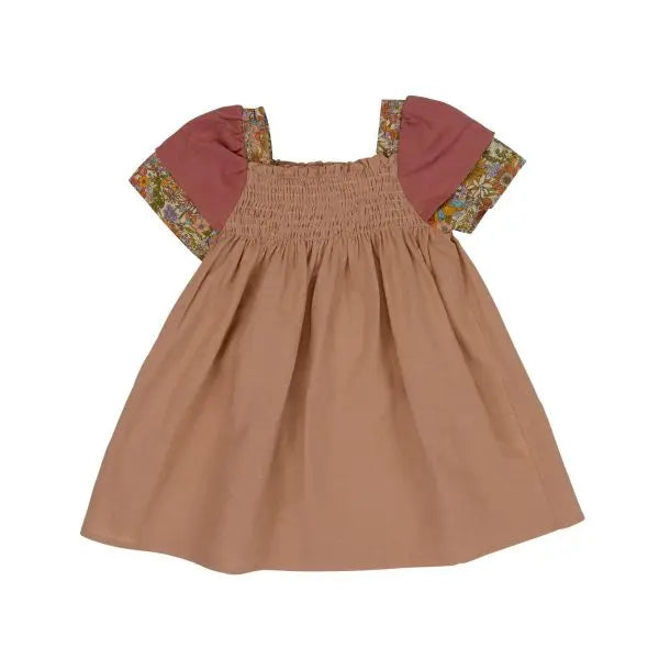 A brown dress for a child with a smocked bodice and floral-patterned flutter sleeves.
