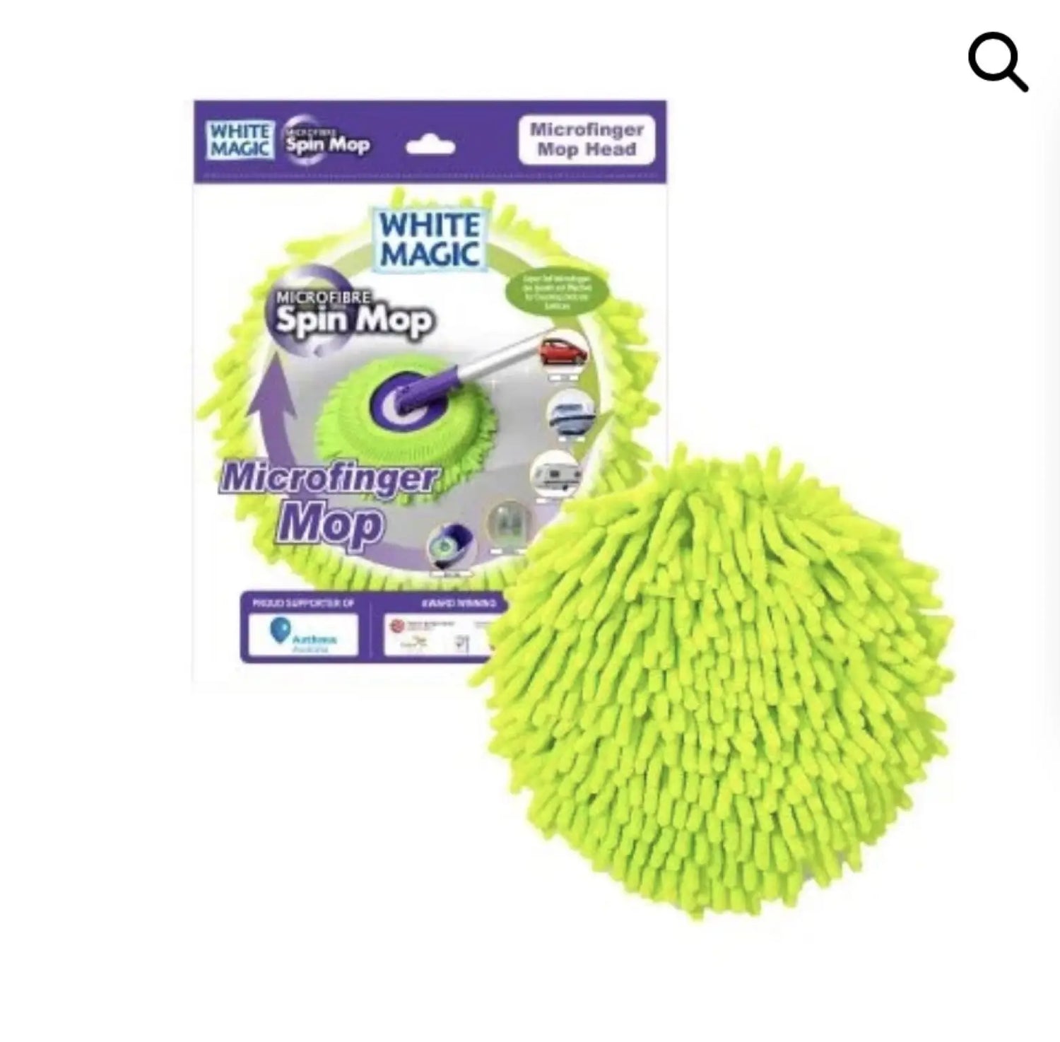 A replacement microfiber mop head in a vibrant lime green color, featuring numerous shaggy strands designed for effective cleaning, with its packaging visible in the background.