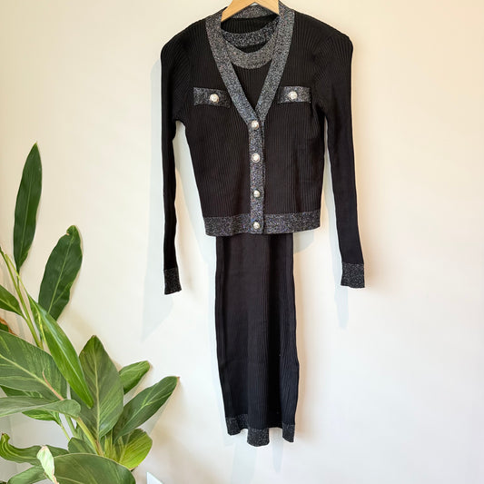 2-Piece Ribbed Knit Dress and Cardigan Set - Black - Size 6
