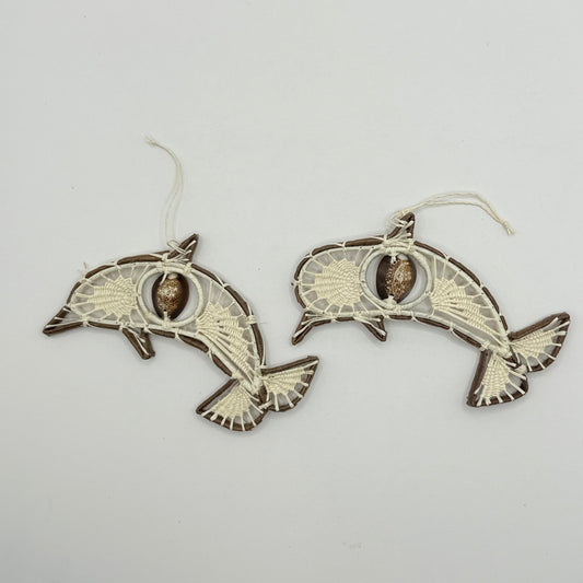 2x wood & macrame dolphin hanging ornaments - figurines home&living materials