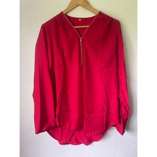 2xl zip front blouse with roll-up sleeves – classic red vibrant red & elegant mauve - blouses blouse - clothing &